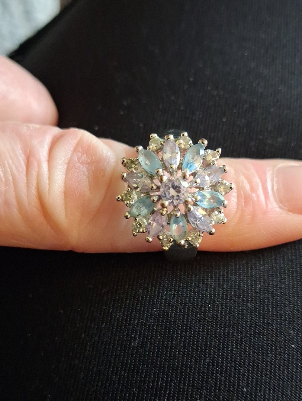 Silver Floral Cluster Ring with Blue and Lilac Stones